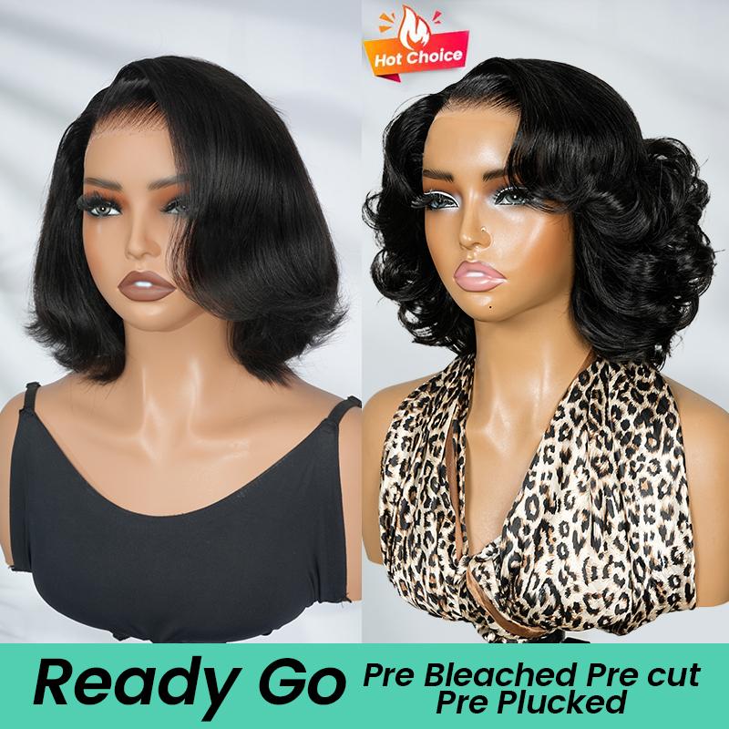 [Spring Must Have] [Side Part] Asteria Hair Glueless Pre-Styled Layered Cut Body Wave and Straight 7×5 HD Transparent Lace Human Hair Wig Pre Bleached Tiny Knots C-Part Short Bob Right Side Part Wig Valentine Musts