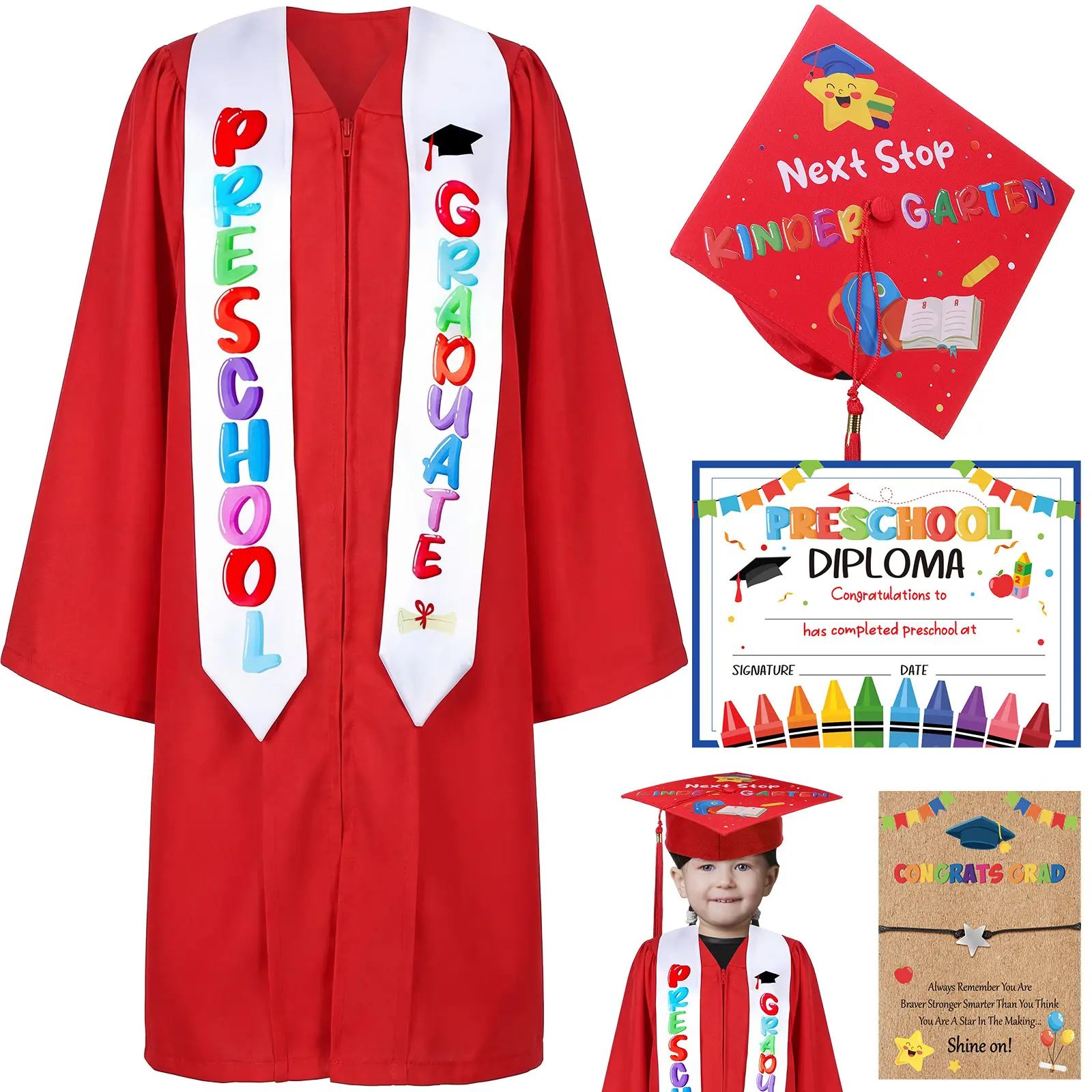 Preschool Graduation Cap and Gown Set Class of 2026 Photoshoot Cute Prek Graduation Outfit with Bracelet & Certificate & Sash, Preschool Graduation Gifts for Son Daughter Nepnew