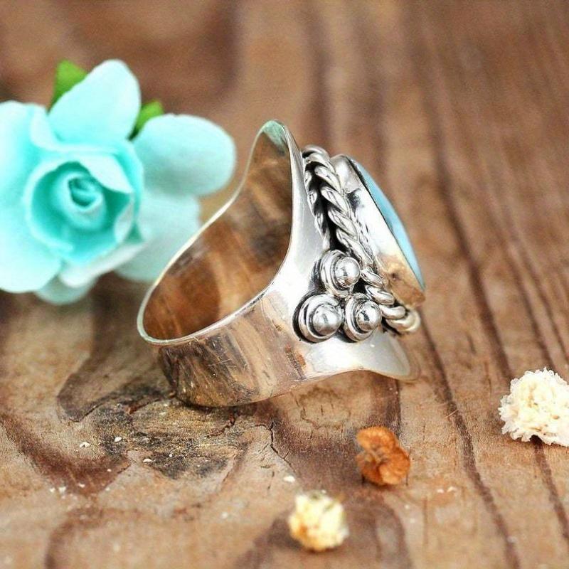 Fashion Vintage Women Bohemian Jewelry Turquoise Wide-sided Ring Anniversaries Birthday Wedding Party Gift