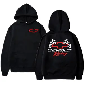 Chevrolet Racing Graphic Hoodie for Men Women – Classic Bowtie Logo Pullover Hoodie, Checkered Flag Motorsport Streetwear, Car Lover Gift