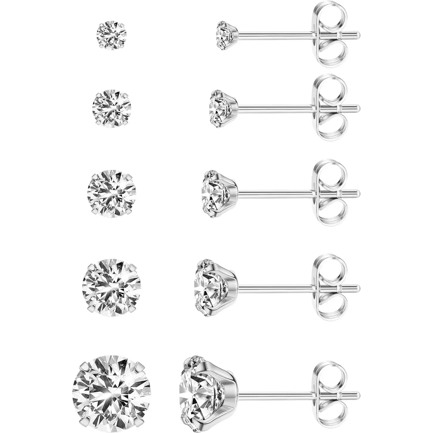 Women's 5-Pair Extra Long Post Earrings - 316L Stainless Steel, Nickel-Free, Hypoallergenic 3-8mm Cubic Zirconia Studs - Stackable for Thick Earlobes, Christmas Gifts, Work & Daily Wear Accessories