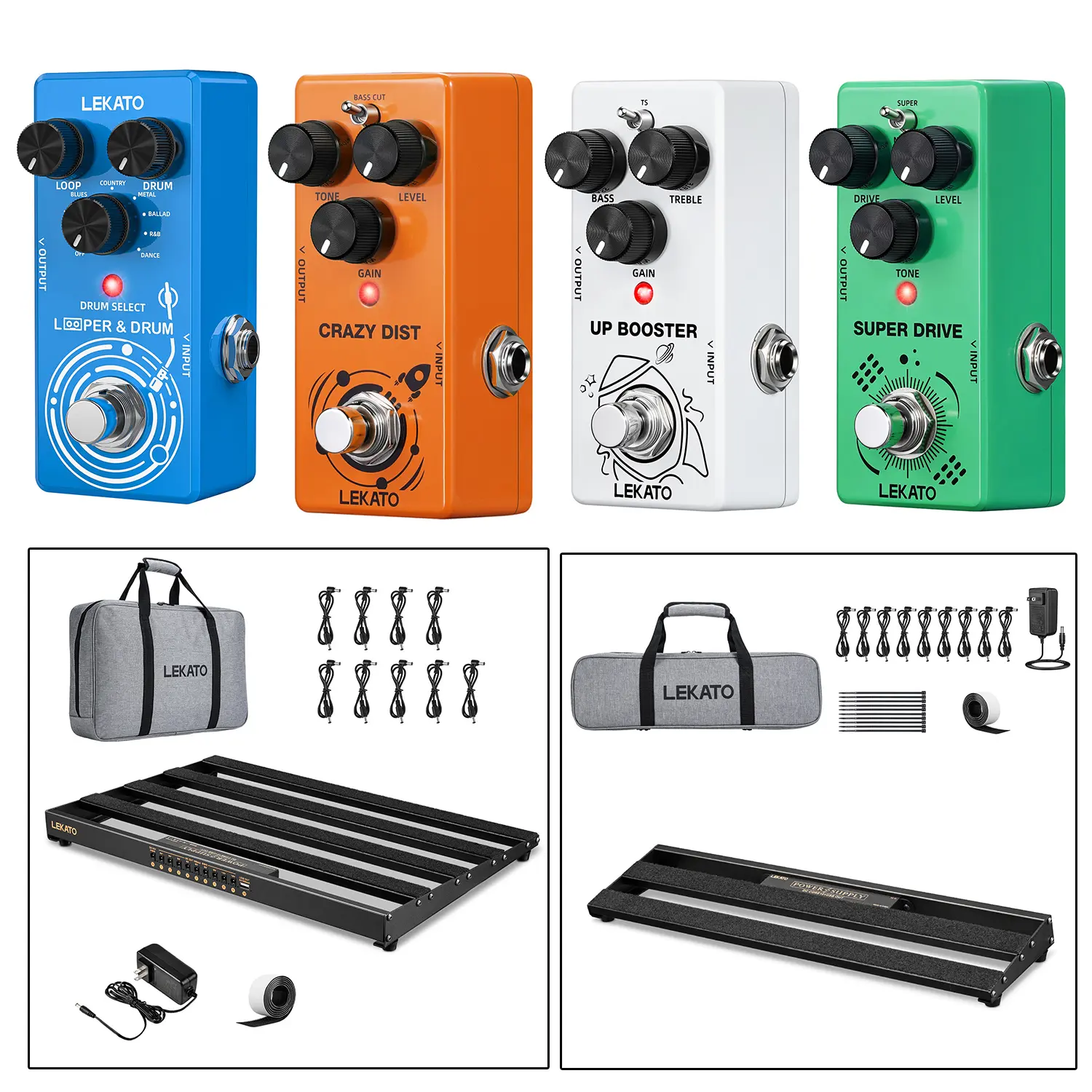 LEKATO Guitar Pack with 2-in-1 Drum Looper, UP BOOSTER BS-02, SUPER DRIVE OD-02 Mini Unit, TS Green Box Overdrive (2 Modes: Super & Normal), True Bypass & Pedal Organizer for Electric Guitars