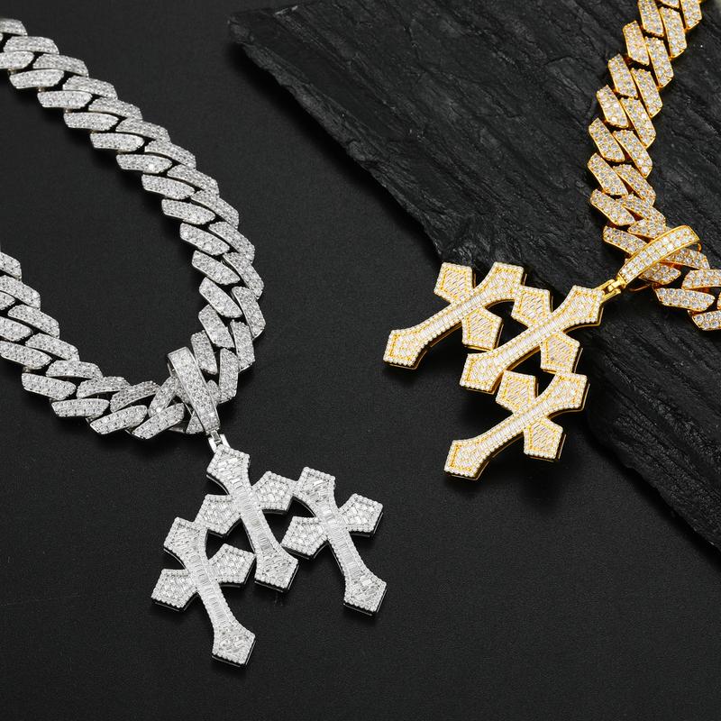 【P632】Triple Cross Pendant S925 Sterling Silver Synthetic Moissanite Pendant Necklace Cross Pendant Fashion Suitable for Men and Women Hip Hop Rap Jewelry Halloween
