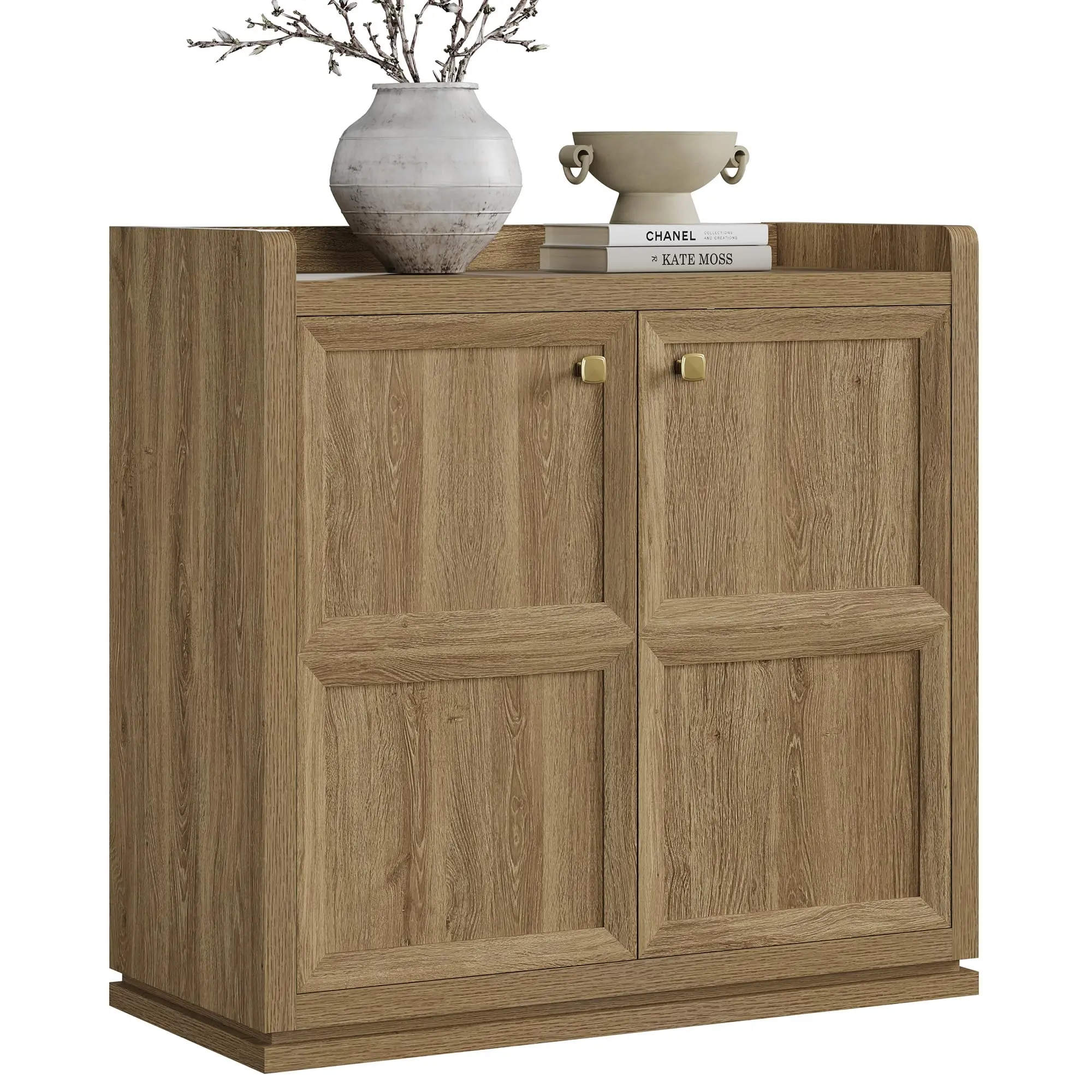 SICOTAS 34" Rectangular Sturdy Waterproof Engineered Wood Buffet Cabinet - Single Unit Adjustable Storage Credenza with Doors, Golden Handles, Furniture for Living Room, Kitchen, Display Decor with Ease