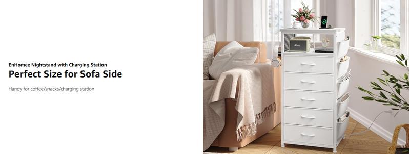 Raybee LED Nightstand with 4/5 Fabric Drawer & Charging Station，Set of 1/2,  Bedside Table, Tall LED Nightstands with USB Ports & Outlets, White End Table with Side Bag & Hooks, Bedroom Furniture, Storage Cabinet