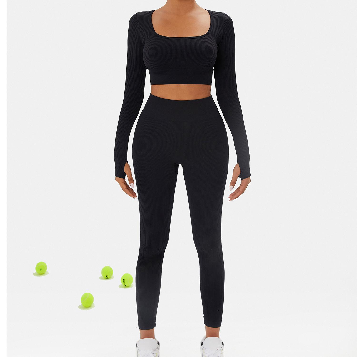 Women's Solid Seamless Long Sleeve Crop Top & Leggings Workout Exercise Tracksuit Set Active Set Ribbed Square Neck Tee & Yoga Pants Skinny Tummy Control Sports T-Shirt & High Rise Hip Lift Leggings Women's Sportswear for Gym Running
