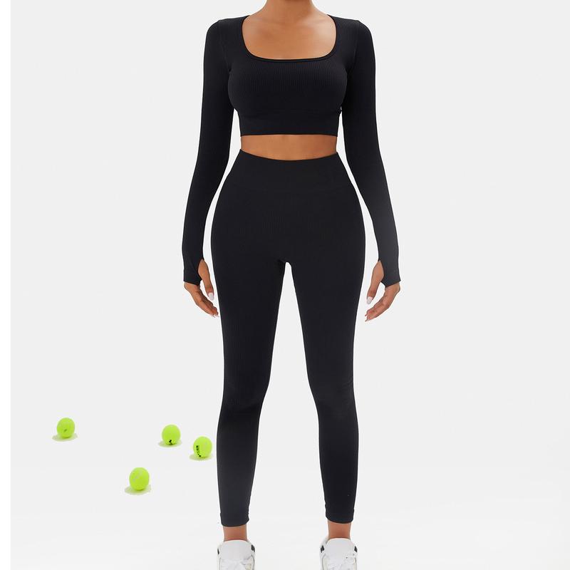 Women's Solid Seamless Long Sleeve Crop Top & Leggings Workout Exercise Tracksuit Set Active Set Ribbed Square Neck Tee & Yoga Pants Skinny Tummy Control Sports T-Shirt & High Rise Hip Lift Leggings Women's Sportswear for Gym Running