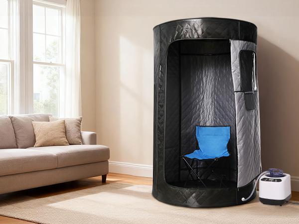 Syvio Portable Sauna Box for Relaxation, Detoxification, Steam Sauna Tent for Home with 3.0L Steamer, Folding Chair, Remote Control, Doormat, 9 Levels, 3.6' x 3.6' x 5.9', Circular