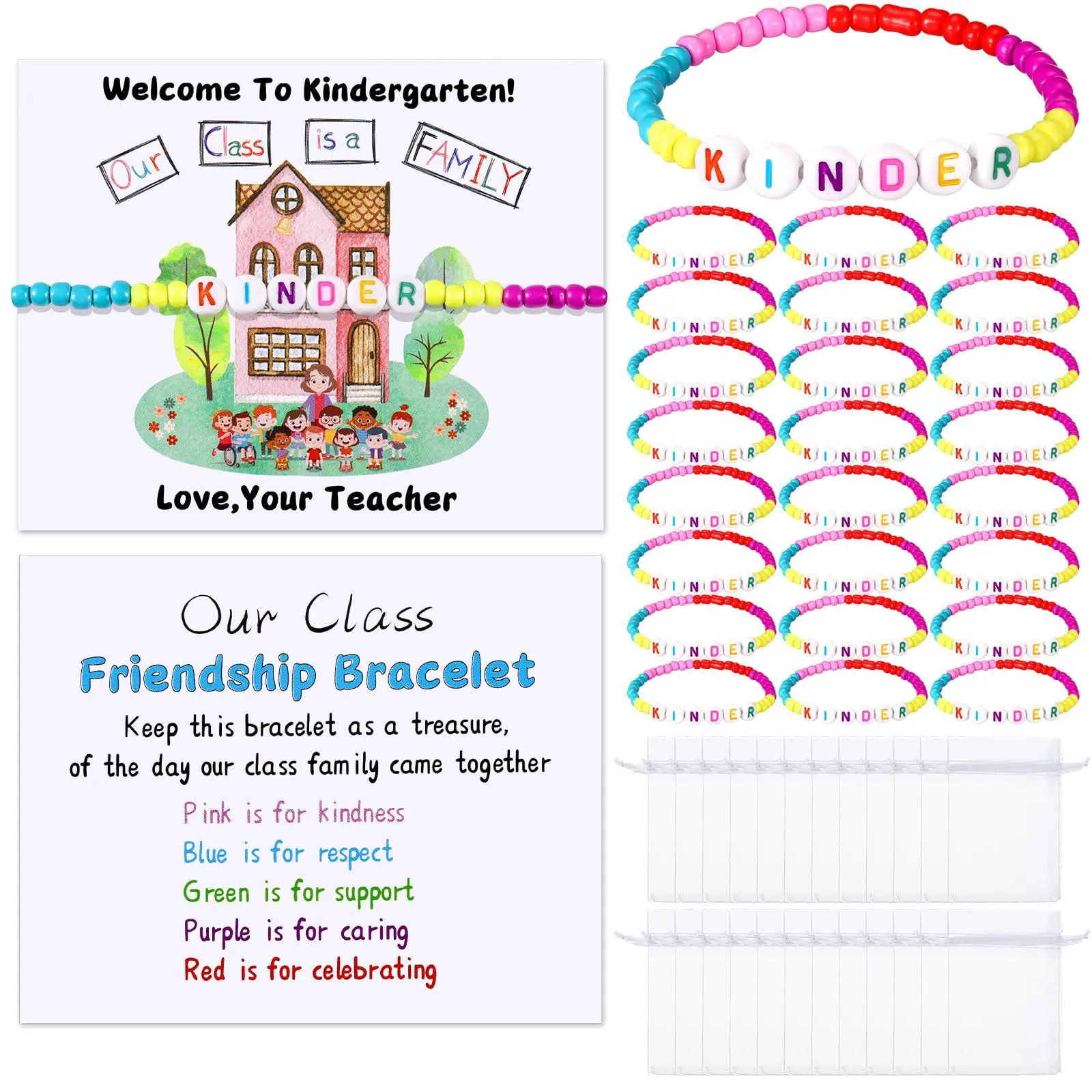 25 pcs Back to School Gifts for Student Include Our Class Is a Family Greeting Card and First Day of School Bracelet with Bags Letter Bracelet for 1st Day of Classroom