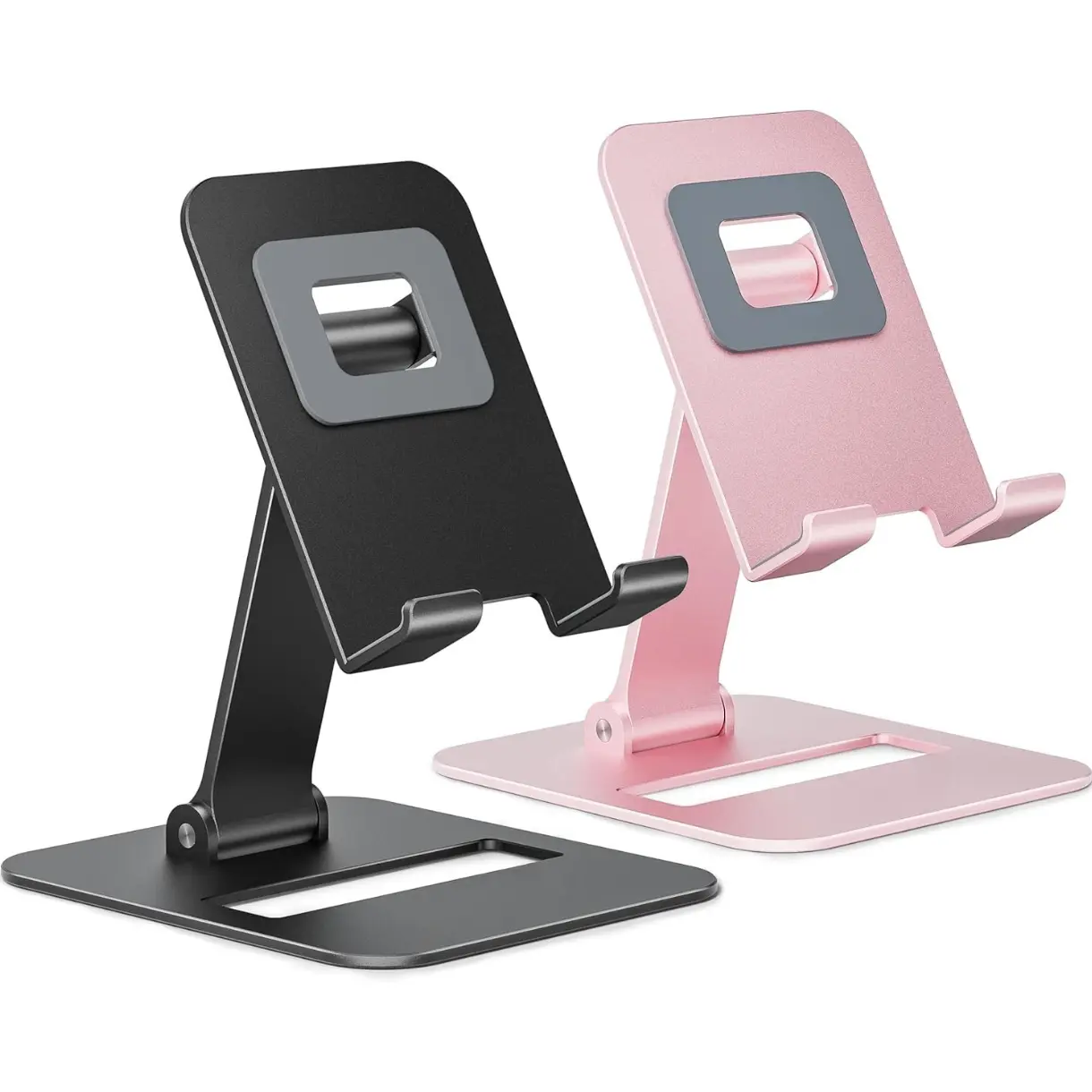 2 Pack Dual Folding Cell Phone Stand, Fully Adjustable Phone Holder for Desk, Compatible with iPhone 17 16 15 14 13 12 11, Nintendo Switch, All Phones, Black & Rose Gold