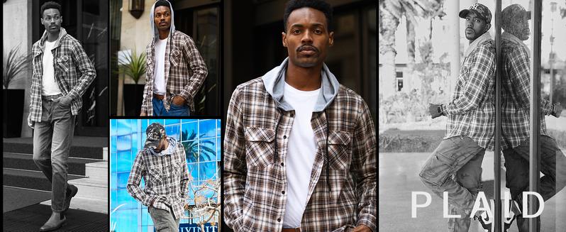 COOFANDY B Lightweight Men's Red & Navy Plaid Hoodie Flannel Shirt Jacket Long Sleeve Casual Fashion Button Shirts Menswear Coats Tops with Drawstring & Elastic Closure