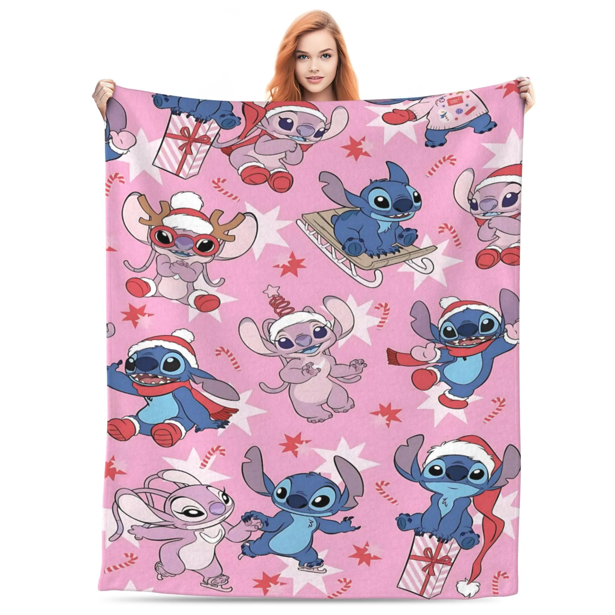 [SummerVibes] DISNEY CLASSIC Stitch Christmas Blanket - Festive Pink Design with Stitch & Lilo in Santa Outfits - Soft Plush Throw Blanket for Kids - Perfect Holiday Gift