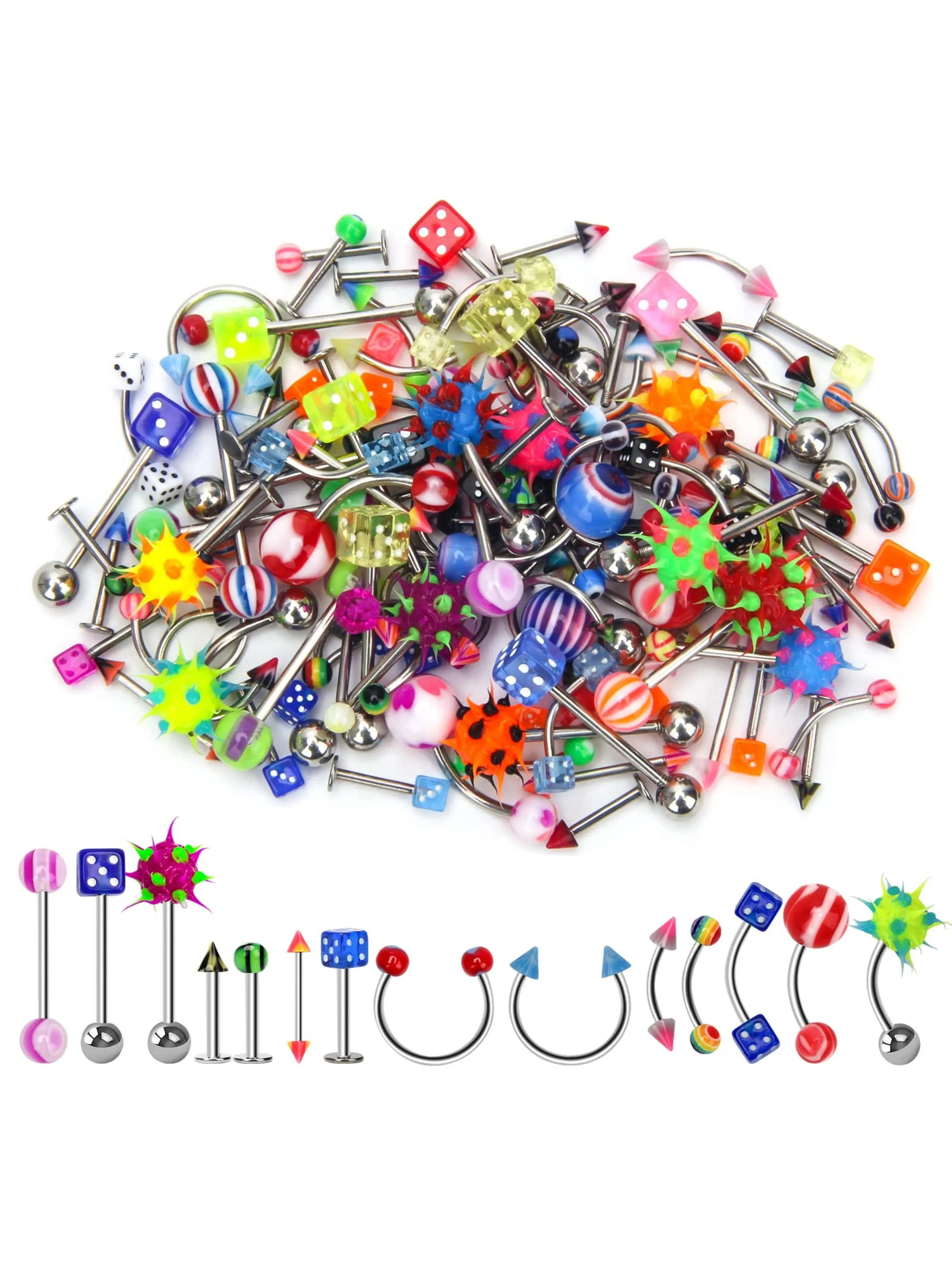 CrazyPiercing Lot of 110PCS Vintage Chic Body Jewelry Set Mouth Jewelry Piercing Eyebrow Navel Belly Button Rings Tongue Lip Bar Ring