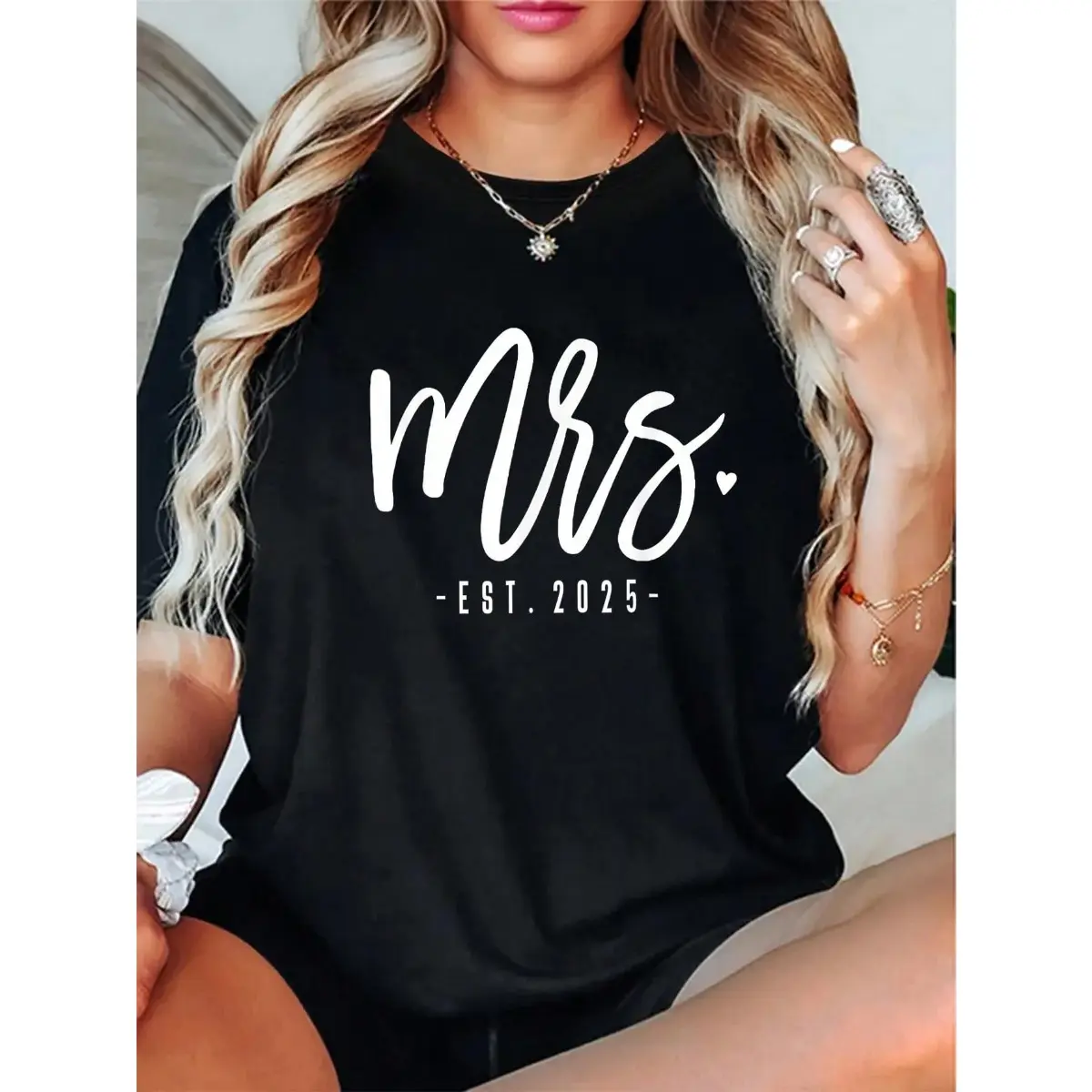 100% Cotton Short-Sleeve Round Neck Casual T-Shirt for Mr & Mrs Just Married Wedding Couples (Est. 2025), Men's Fit Top