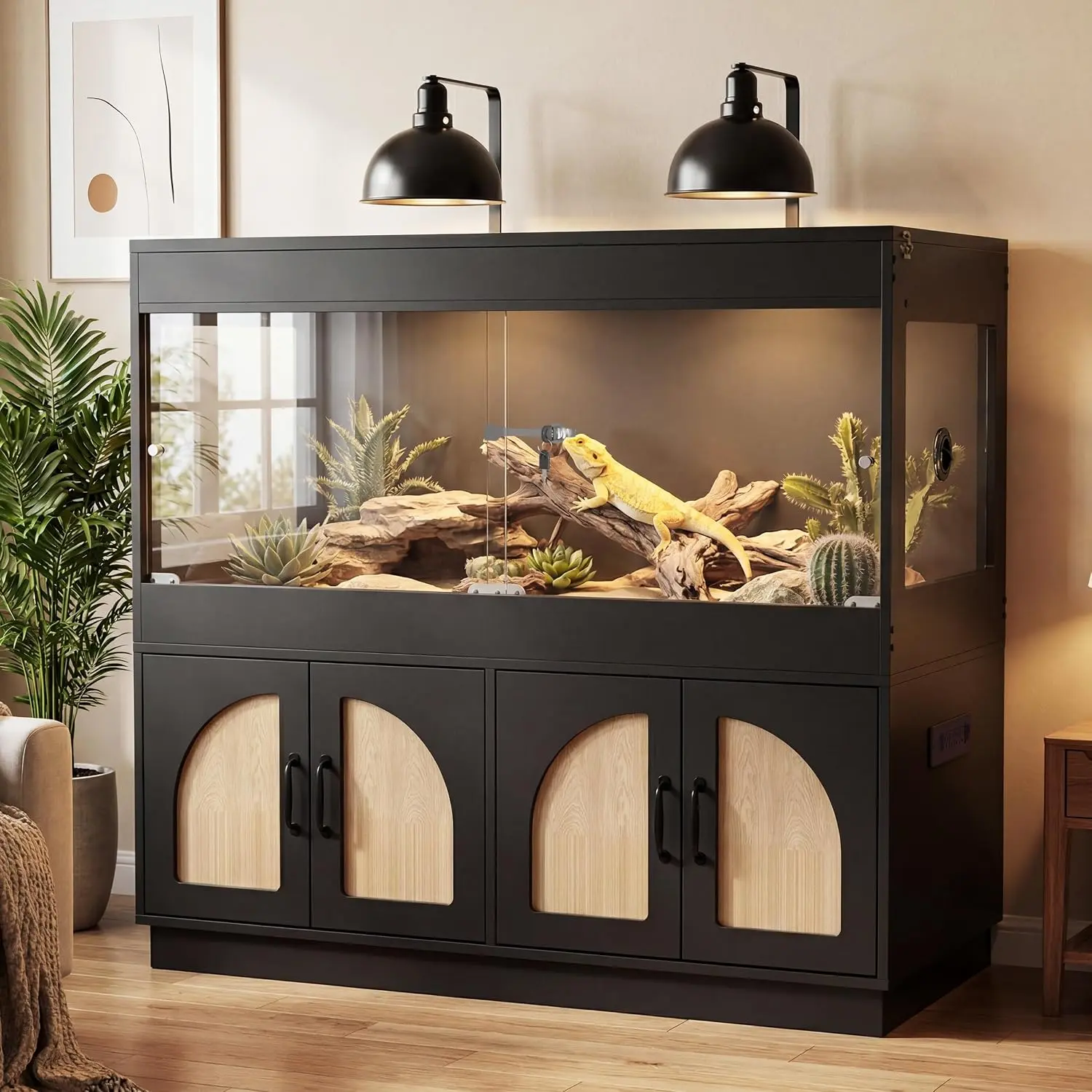 BELNET 120 Gal Reptile Terrariums Enclosure with Black Storage Cabinet - 4x2x2 Tank Stand, Sliding Door, Locking Mesh Top, Acrylic Side Panels, Built-In Power for Beardies