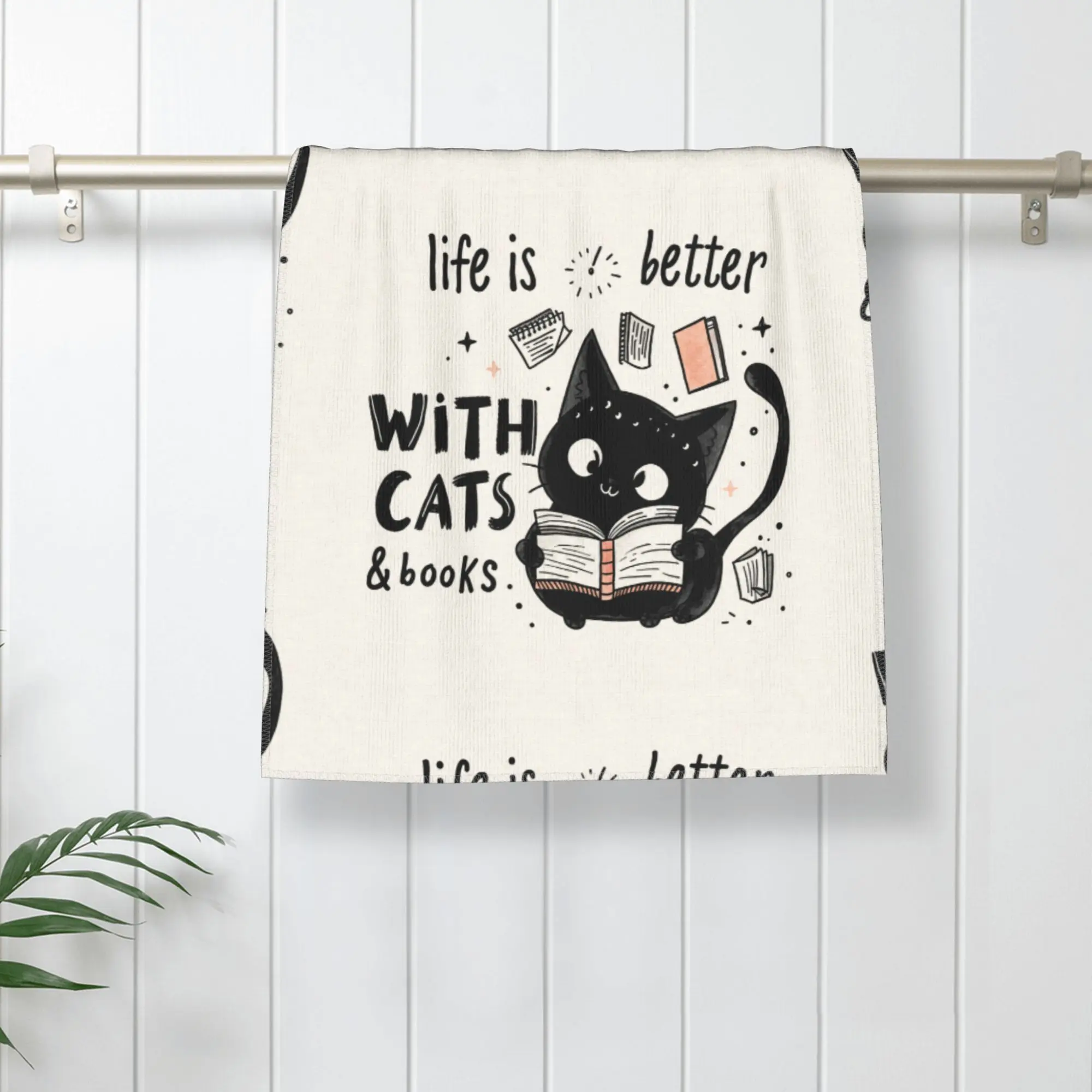 Cute Black Cat Reading Books Microfiber Hand Towel Soft 300g Polyester Bathroom Towel Ultra Absorbent Skin-Friendly Face Cloth Multipurpose Small Blanket for Cat Lovers Life is Better with Cats and Books Print 35x75cm