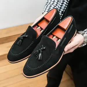 Men's Dark Green Suede Tassel Loafers Classic Dress Shoes with Contrast Stitching Soft Comfortable Slip-on Moccasins for Business Office Wedding Guest Party Old Money Aesthetic Formal Footwear