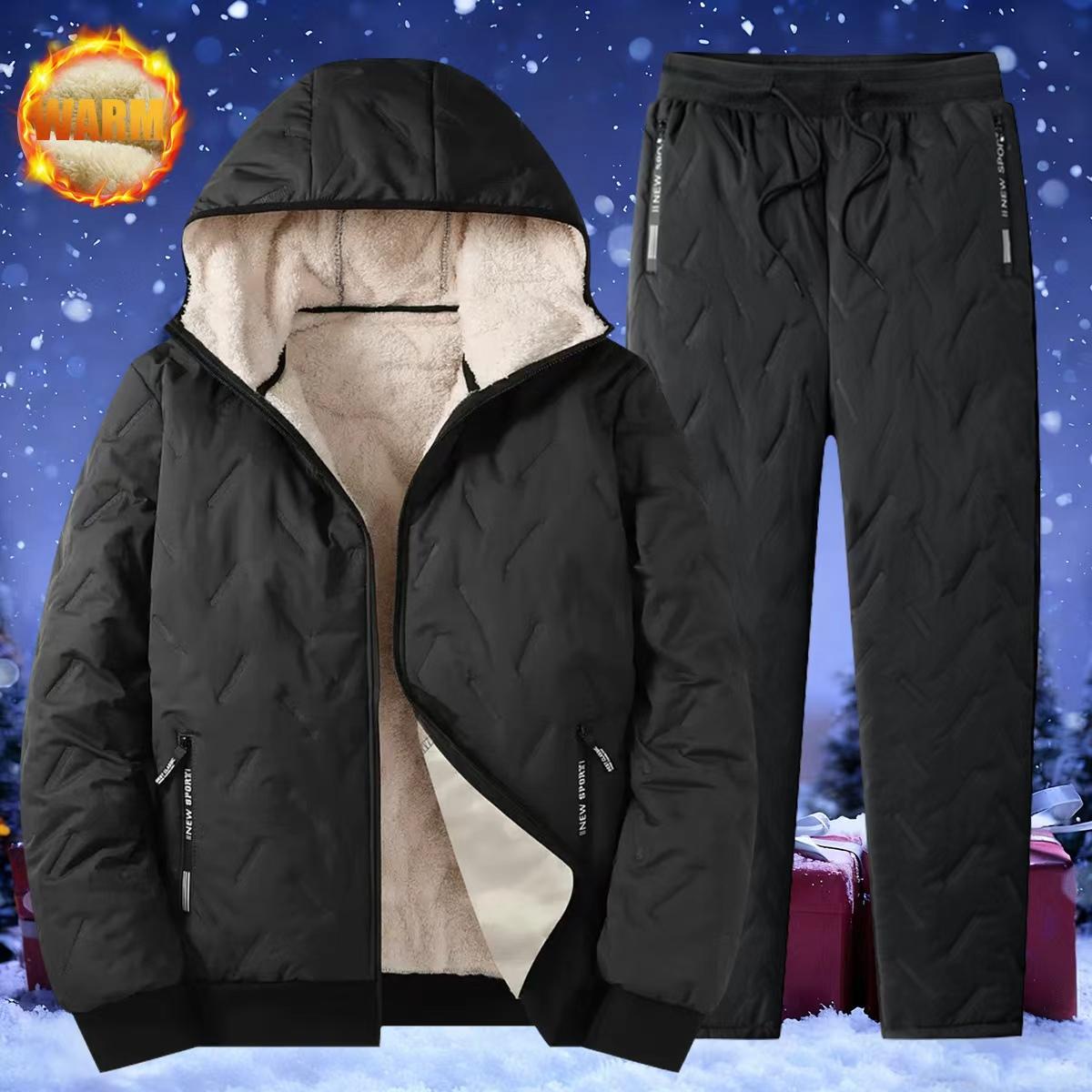 Men’s Casual Cotton Jacket and Pants Set - Autumn/Winter Hooded Long Sleeve Straight Leg Winter Coat with Plush Lining and Polyester Fiber Fabric Stand Collar Pocket - Perfect as a Christmas Gift thick comfort