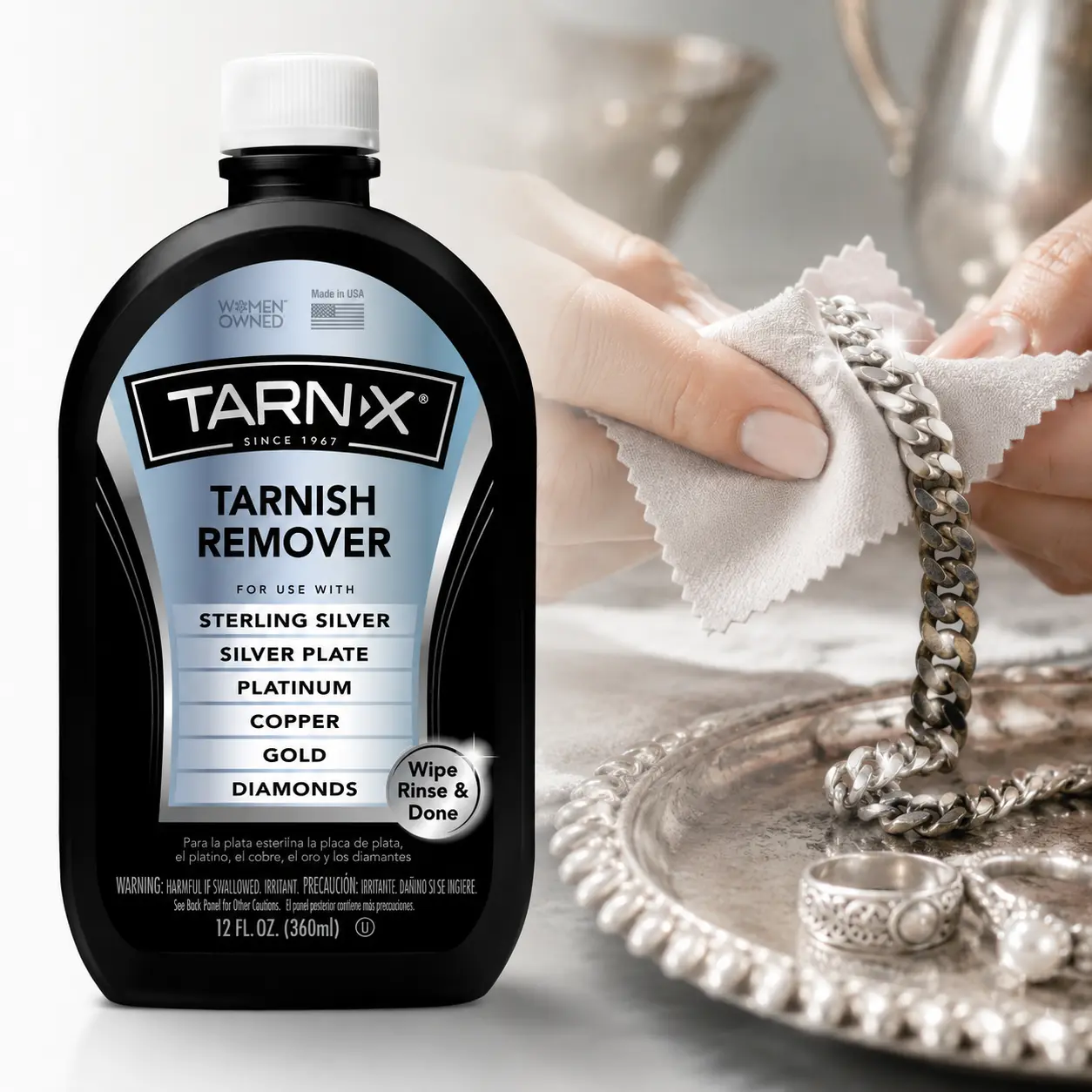 Tarn-X 12 fl oz Liquid Household Tarnish Remover - Silver, Copper, Platinum, Gold Jewelry & Diamond Cleaner; Restores Flatware, Candle Holders; Eliminates Oxidation Stains, Dull Finish; Quick Rinse, No-Polishing Shine Booster