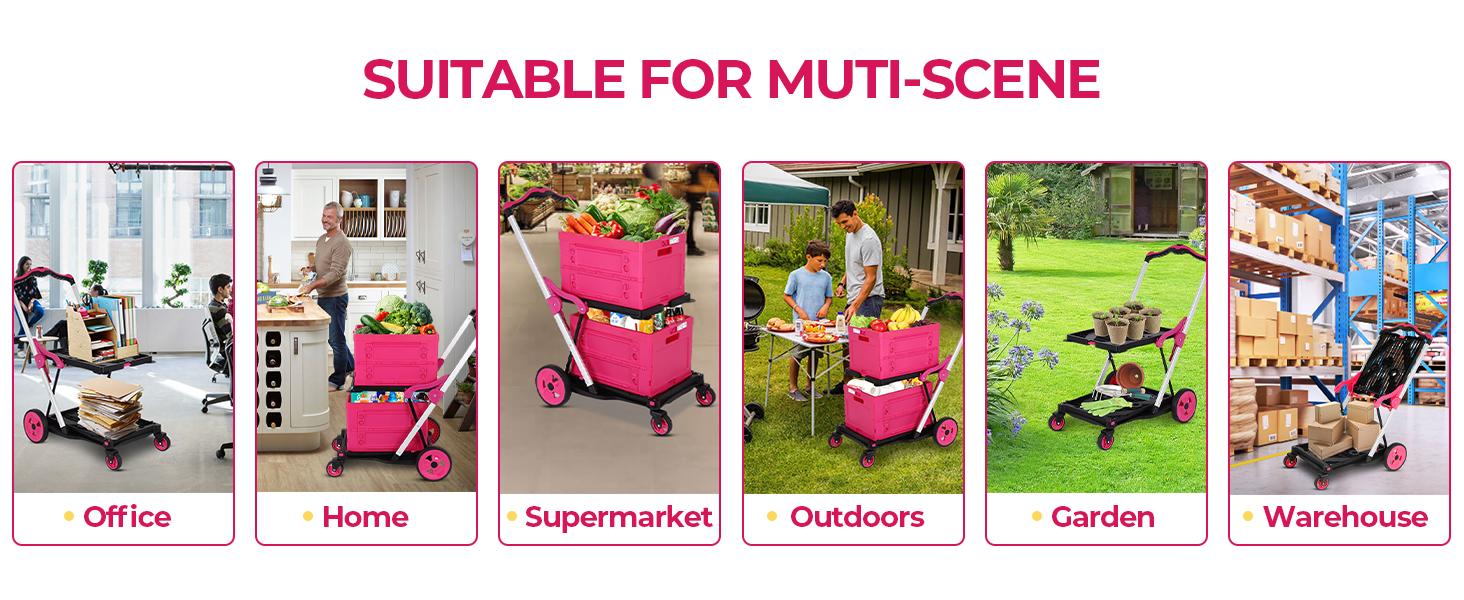 Foldable Shopping Cart with Wheels,With Storage Crates, Multi Use Two Tier Collapsible Cart with 360° Rolling Swivel Wheels Heavy Duty Folding Trolley for Shopping, Picnic and Office,Cosmetic Organizer,Grocery,Warehouse,Garden