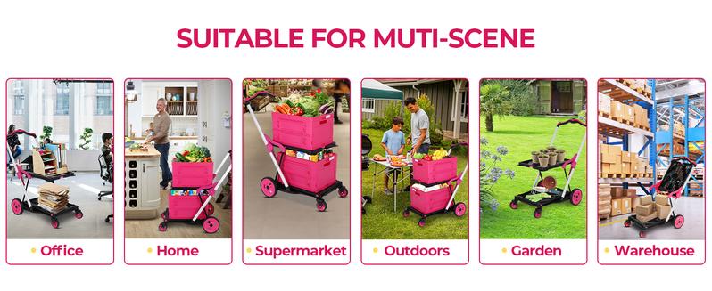 Foldable Shopping Cart with Wheels,With Storage Crates, Multi Use Two Tier Collapsible Cart with 360° Rolling Swivel Wheels Heavy Duty Folding Trolley for Shopping, Picnic and Office,Cosmetic Organizer,Grocery,Warehouse,Garden