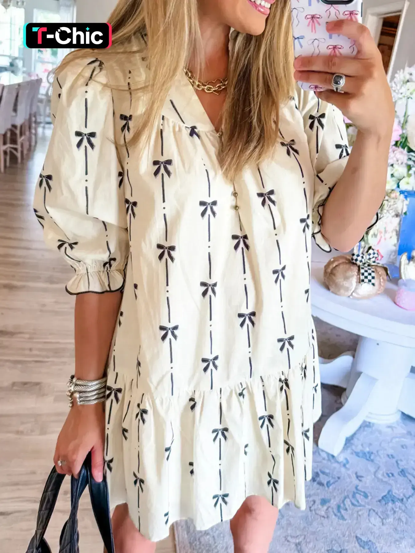 Women's Bowknot Print Bubble Sleeve Dress, Womenswear Fashion Casual Chic Fitted Short Sleeve Dress for Daily Outdoor Wear, Casual Everyday Wear, Ladies Clothes for All Seasons Piece