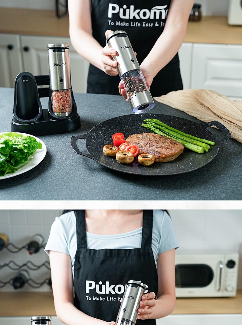Pukomc Electric Salt & Pepper Grinder Set - 6 Adjustable Coarseness, Rechargeable Base, LED Light, One-Hand Operation, Detachable for Easy Cleaning, Includes 12 Grinders & Accessories Reusable Cooking Kitchen Seasoning Utensils