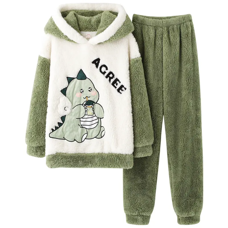 Men's & Women's Matching 2-Piece Pajamas Set - Cute Dinosaur Print Fleece-Lined Long Sleeve Top & Trouser, Warm Winter Sleepwear Loungewear Style Clothes