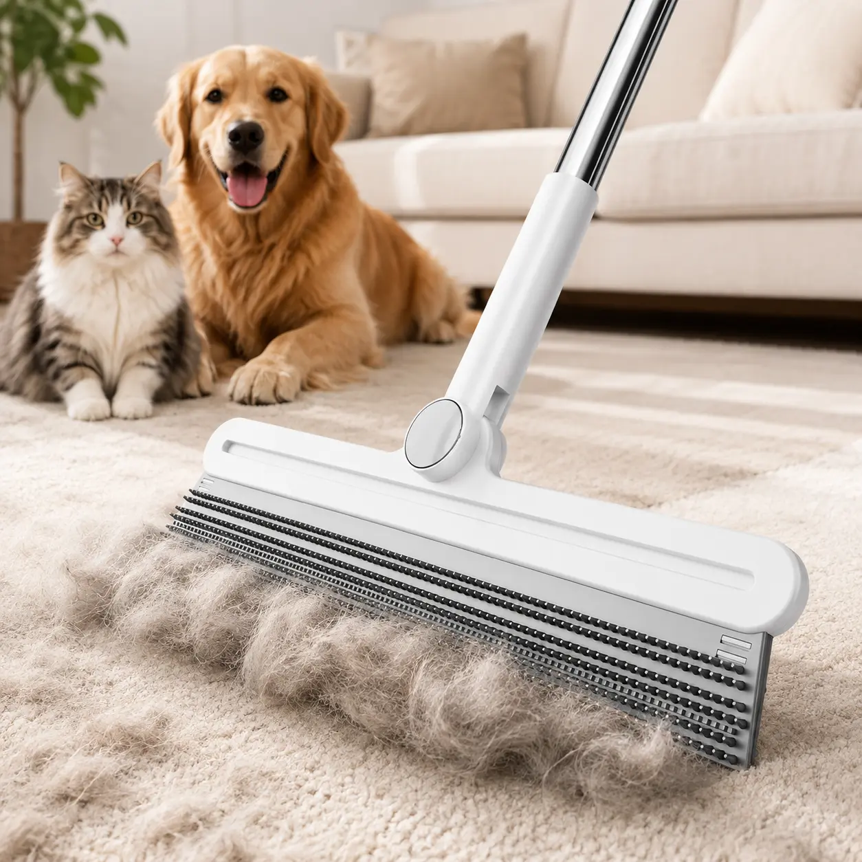 Pet Hair Remover Rake/Scraper, 180° Rotating Pet Hair Remover Broom, Reusable Wet Dry Squeegee, Silicone Scrubber for Carpet, Couch, Hardwood Floors,Bathroom and Pet Areas, Lint Roller Alternative for Rugs, Beds, Mats & Furniture