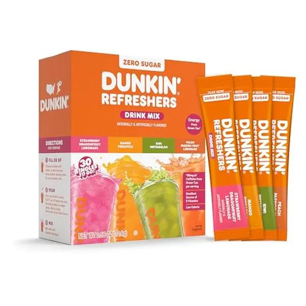 Dunkin’ Refreshers Singles To Go! Powdered drink mix packets, 30 Ct Variety Pack, 30 Single serve Packets per Box (30 servings), from Green Tea, aspartame-free, no synthetic colors, naturally and artificially flavored, just add water