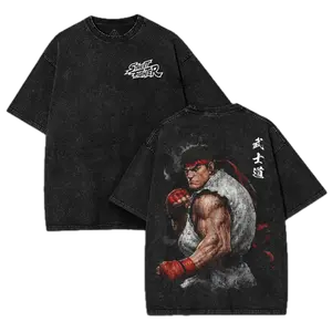Ryu Rage Form Tee, Street Fighter Anime Vintage Acid Washed, hadouken power burst artwork, intense fighter aura, oversized heavyweight cotton, retro streetwear