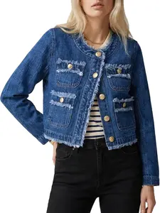 Ladyful Women's Denim Jacket Cropped Button Down Long Sleeve Collarless Frayed Distressed Trendy Jean Jacket Coat