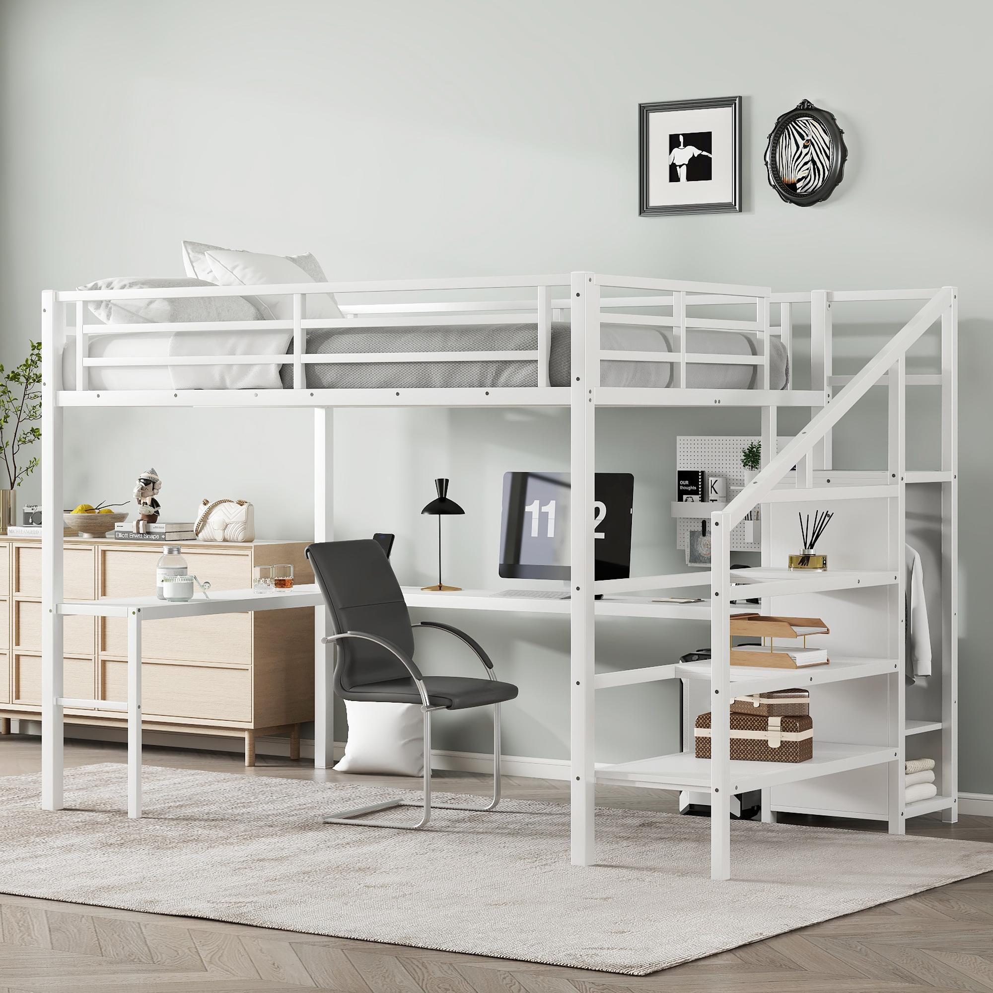 Attic bed with L-shaped desk and USB interface, metal loft bed with wardrobe and adjustable shelf, high loft bed with LED lights for adults Attic bed with L-shaped desk and USB interface, metal loft bed with wardrobe and adjustable shelf, high loft bed with LED lights for adults
