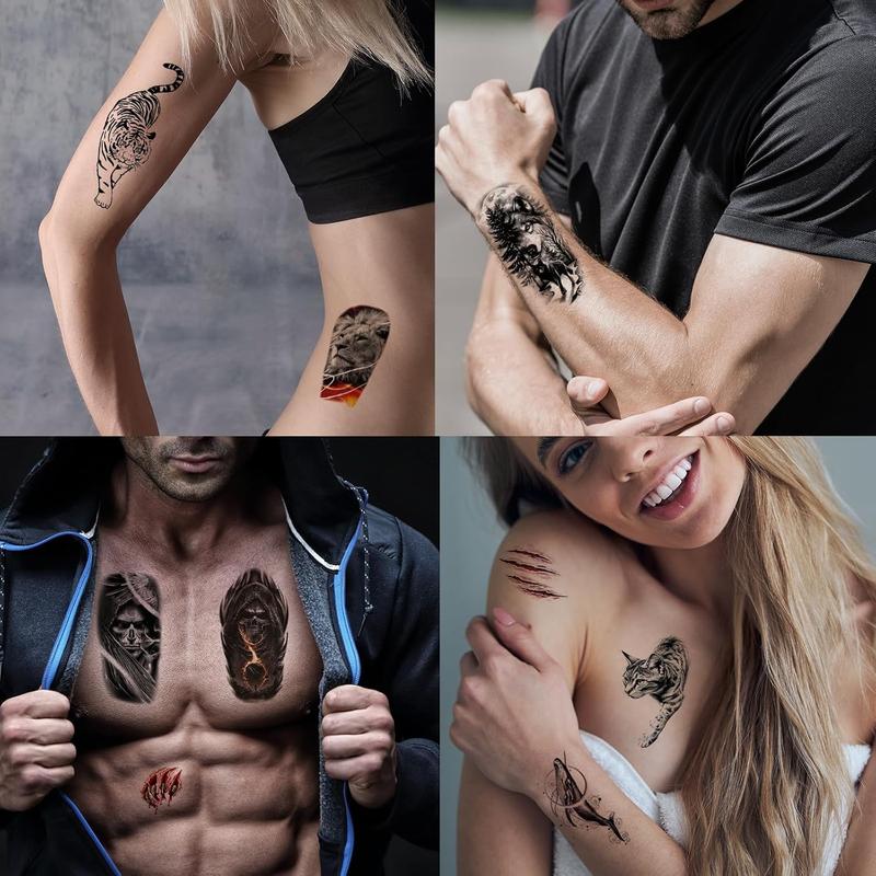 82 Sheets Temporary Tattoo for Men Women Adults, Include 12 Sheets Black 3D Half Sleeve Temporary Tattoos, Halloween Tattoos Scary Lion Wolf Tiger Skull Skeleton Tattoos Stickers