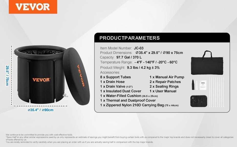 VEVOR Ice Bath Tub, Cold Water Therapy Plunge Tub for Athletes, Portable Outdoor Ice Barrel Plunge Pool for Recovery, Max. 98 Gal Inflatable Folding Bathtub with Cover, Home Ice Pod for Adult