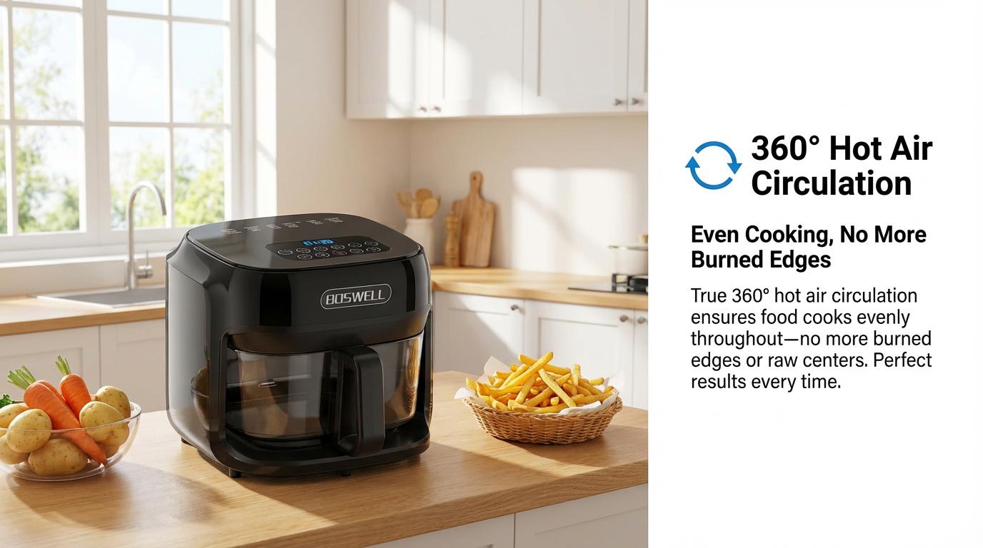 BOSWELL 7.5QT Glass Air Fryer with Transparent Bowl – 5-in-1 Rapid Heating, Fits a Whole Chicken, Oil-Free & Healthy Crispy Results, Dishwasher-Safe, A Perfect  Gift for Family or Couples