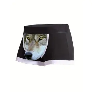 Men's Novelty Wolf Print Boxer Briefs - Breathable, Stretchy, Comfortable Underwear with Fun Animal Print, Digital Printed Fabric Socks Casual Menswear Panty