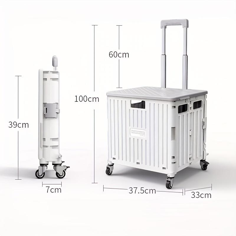 1 foldable portable handcart, 45L foldable handcart, portable small trailer, detachable plastic travel storage box, outdoor handcart with 4 swivel wheels and lid, mobile storage box for camping, shopping, and picnicking