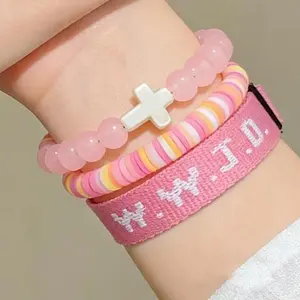 3PCS Bracelet | Beaded Cross Bracelet Set | Adjustable Christian Bracelets| What Would Jesus Do Bracelets | Fabric Wristbands Jesus Bracelet For Men & Women