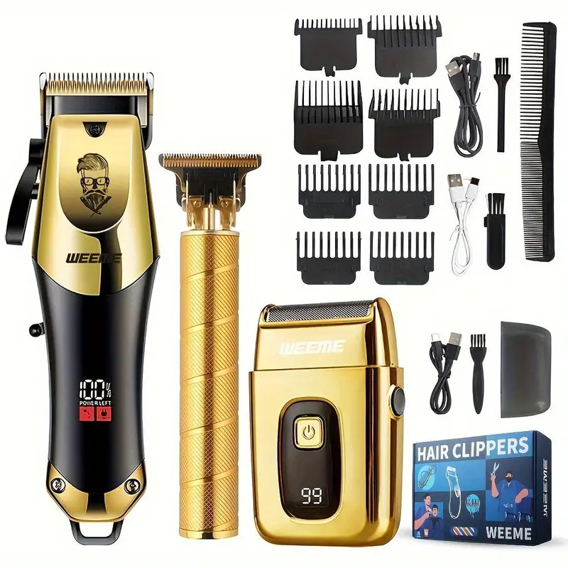 3-Piece Professional Blonde Hair Clipper & Trimmer Kit for Men - USB-Rechargeable Barber Set Featuring LCD Display, Adjustable Blade Hair Clippers, and Professional Men's Trimmer