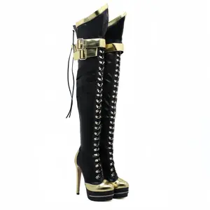 Women Metallic Thigh High Boots, Black Gold Lace Up Platform Stiletto Heel Boots with Buckle Straps, Over Knee Fashion Party Club Boots