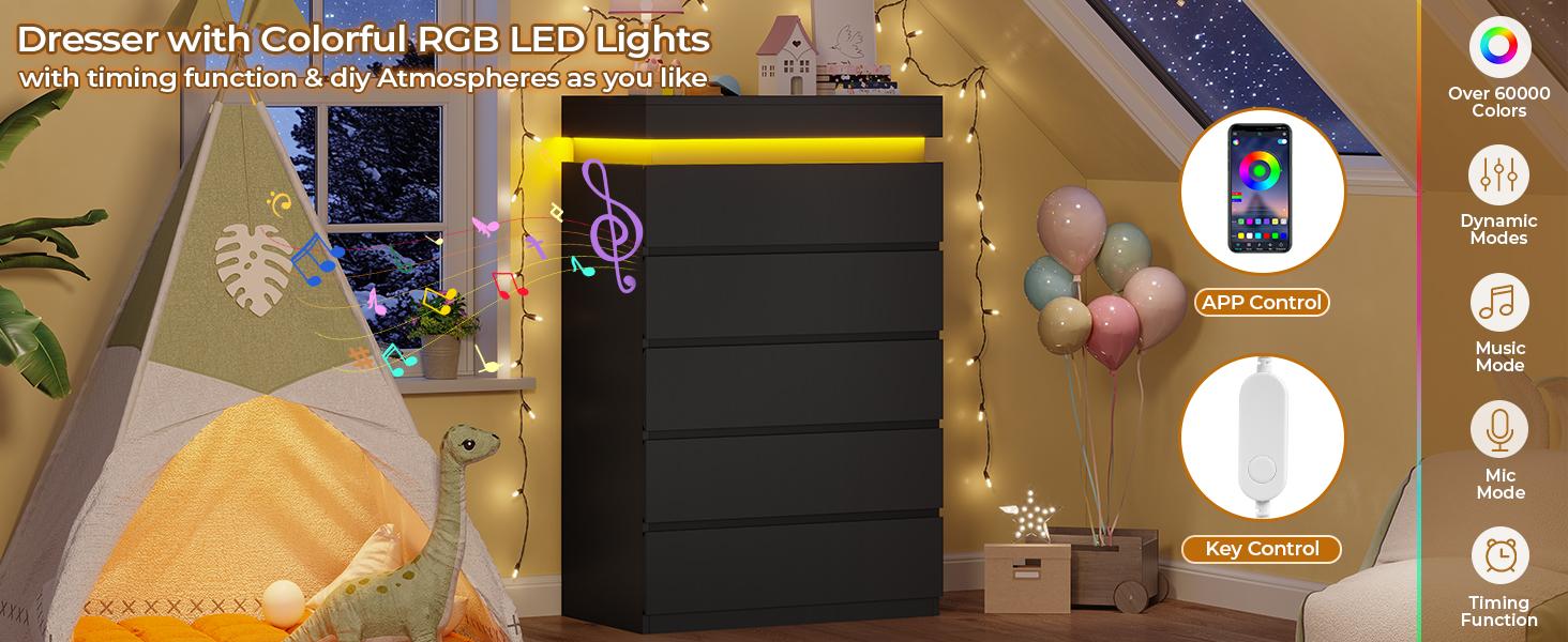 Sikaic Tall 5 Drawer Dresser with LED Light, Modern Chest of Drawers, Closets Dressers with Drawers for Bedroom, Living Room, Entryway, Hallway Sideboard Storage Cabinet