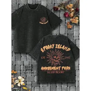 Men's Vintage Washed Distressed Oversized T-Shirt Double-Sided Retro Streetwear Graphic Print Spooky Island Amusement Park Lettering Snowflake Design Relaxed Fit Casual Tee All-Season Black Friday Special Offer black tee Short Sleeve Print Tee men's grap