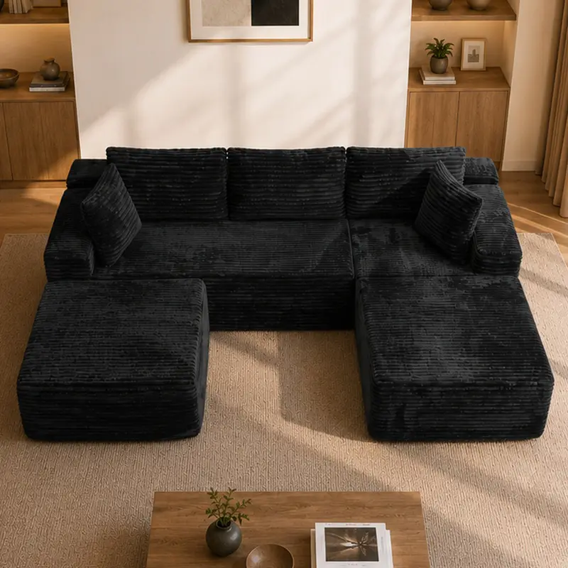 104" boneless sectional couches,Modular cloud couches with chaise lounges ottoman,U-shaped Modern Upholstered Sofa For Living Room Bedroom Apartment,Deep seat,Corduroy fabric,NoAssembly Required