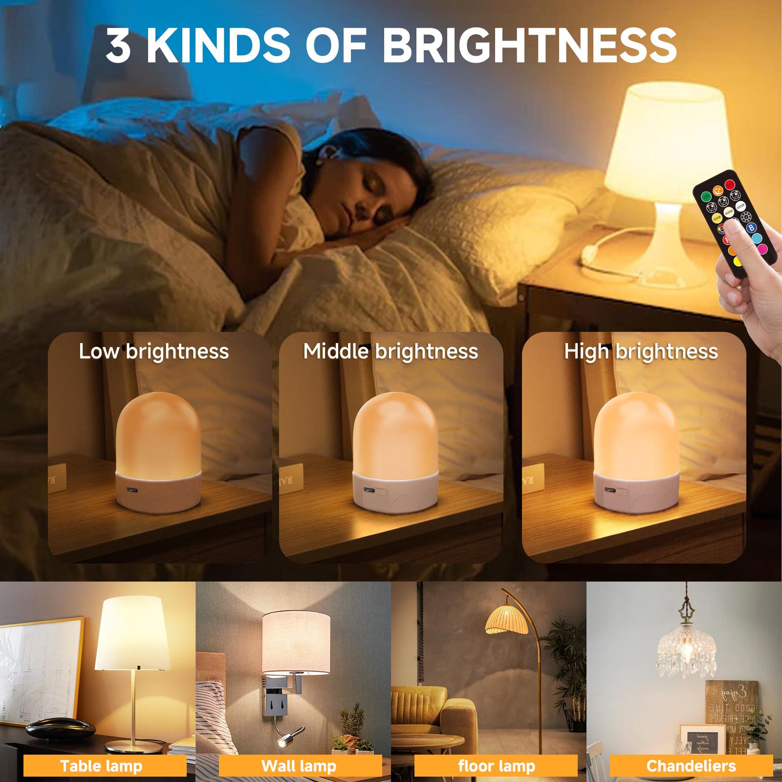 USB Rechargeable LED Light Bulbs for Non-Hardwired Fixtures 3Colors9RGB Remote Dimmable Timer Detachable Magnetic Battery Backup for Power Outage Camping Outdoor Hurricane