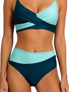 SunKiss Color Block Bikini Set High Waisted Tummy Control Two Piece Swimsuit for Women Summer Beachwear Women’s Two Piece Bikini Set High Waisted Tummy Control Swimsuit