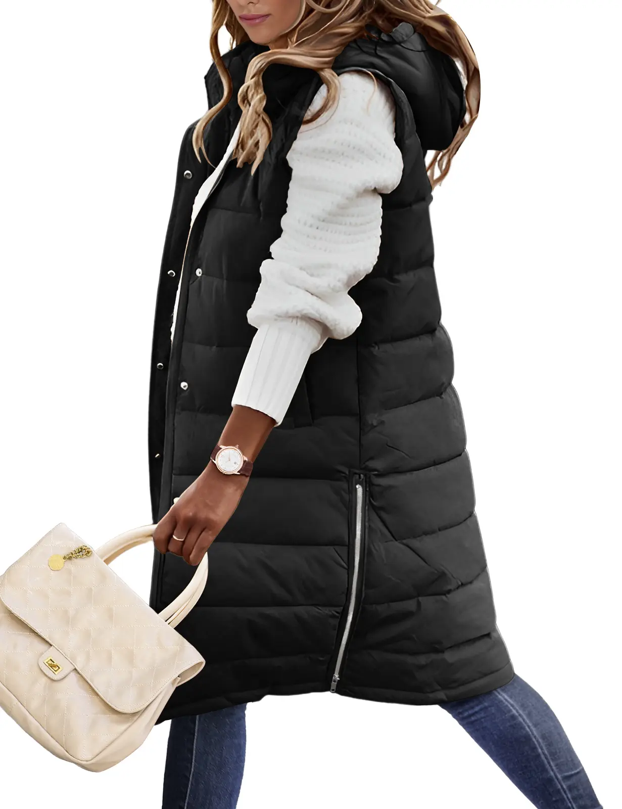 Womens Puffer Vest Winter Hooded Sleeveless Zip Up Long Puffy Jacket Warm Thick Quilted Coats with Pockets