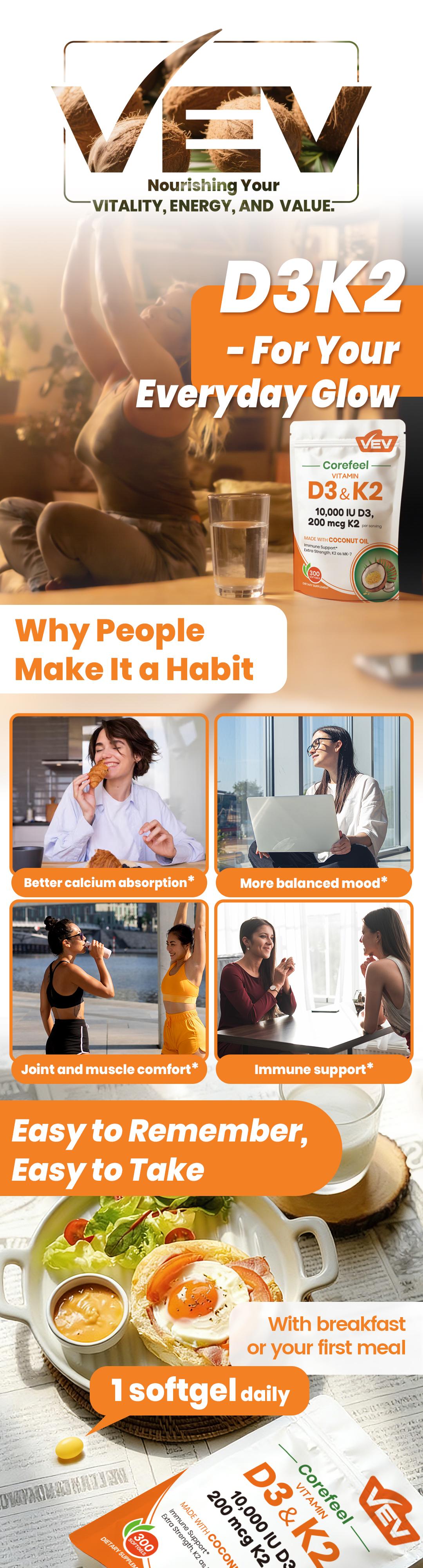 VEV Corefeel Vitamin D3 K2 10000 IU, 300 Virgin Coconut Oil Softgels,2in 1 Vitamins Supplement D & K, Dietary Supplemental Pack