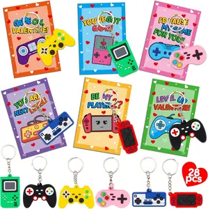 28PCS Video Game Keychains Valentines Day Cards for School Valentine Gifts Exchange Cards for Boy Girl