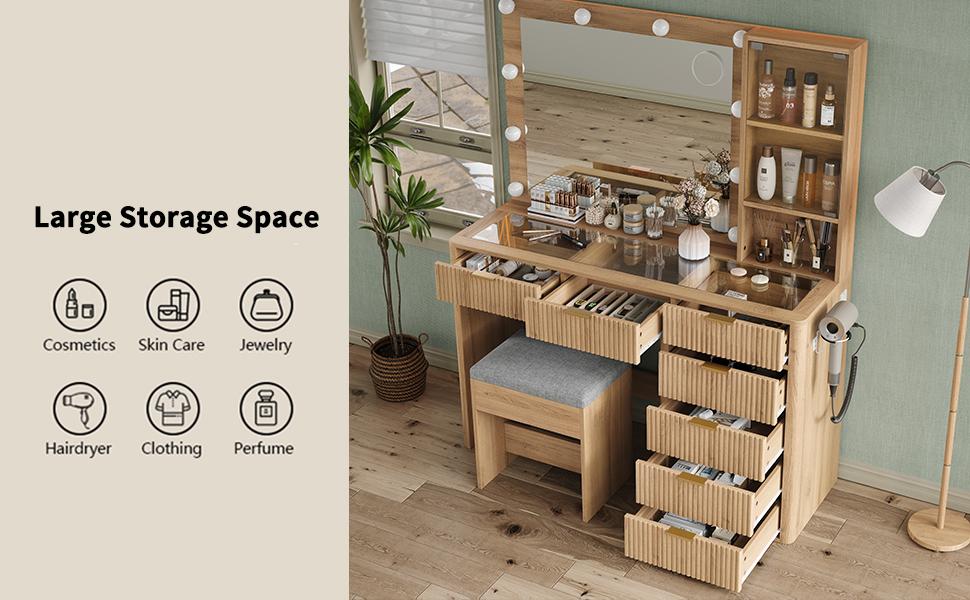 FUSOU 47'' W Fluted Vanity Desk, Makeup Vanity with Power Oultlet, 7 Drawers Vanity with 10 LED Lights and Mirror, 3 Lighting Modes Adjustable, Glass Top, Vanity with Chair for Bedroom, Natural